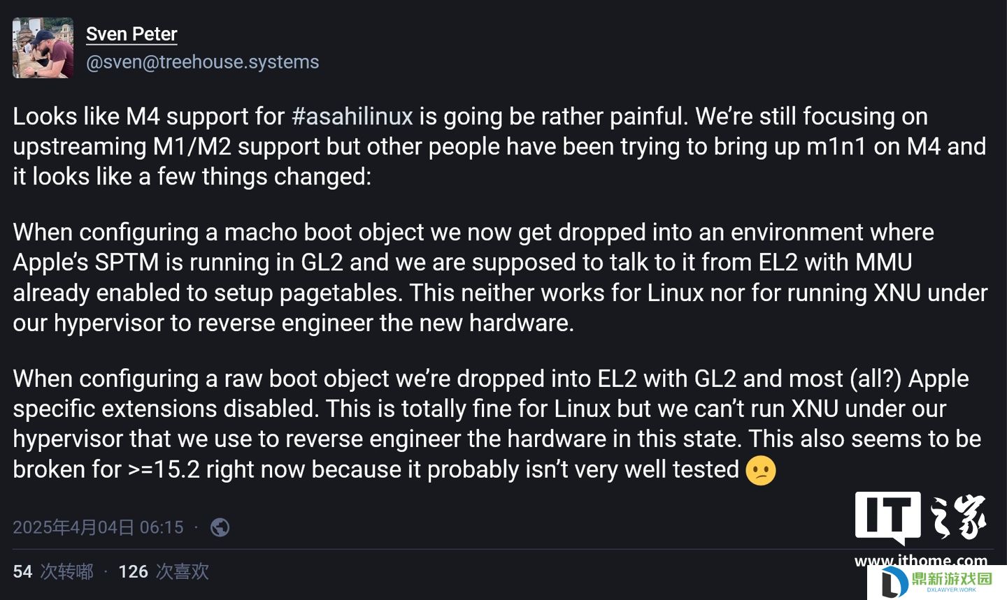 Asahi Linux 项目遇阻：M4 Mac 支持进展缓慢